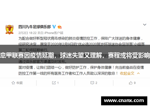 意甲联赛因疫情延期，球迷失望又理解，赛程或将受影响