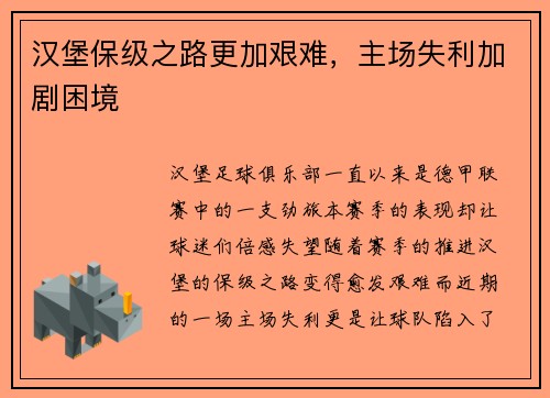 汉堡保级之路更加艰难，主场失利加剧困境